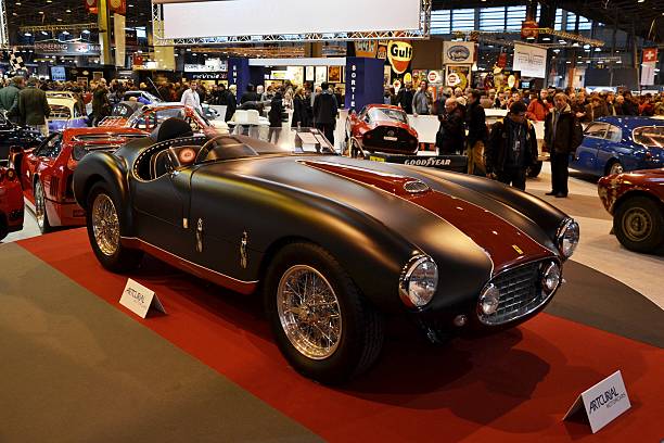 Paris, France, February 6th, 2014: The presentation of Ferrari 166 MM Barquette on the motor show. This roadster is one of the most expensive classic car with 50s. Presented model was built in 1953.